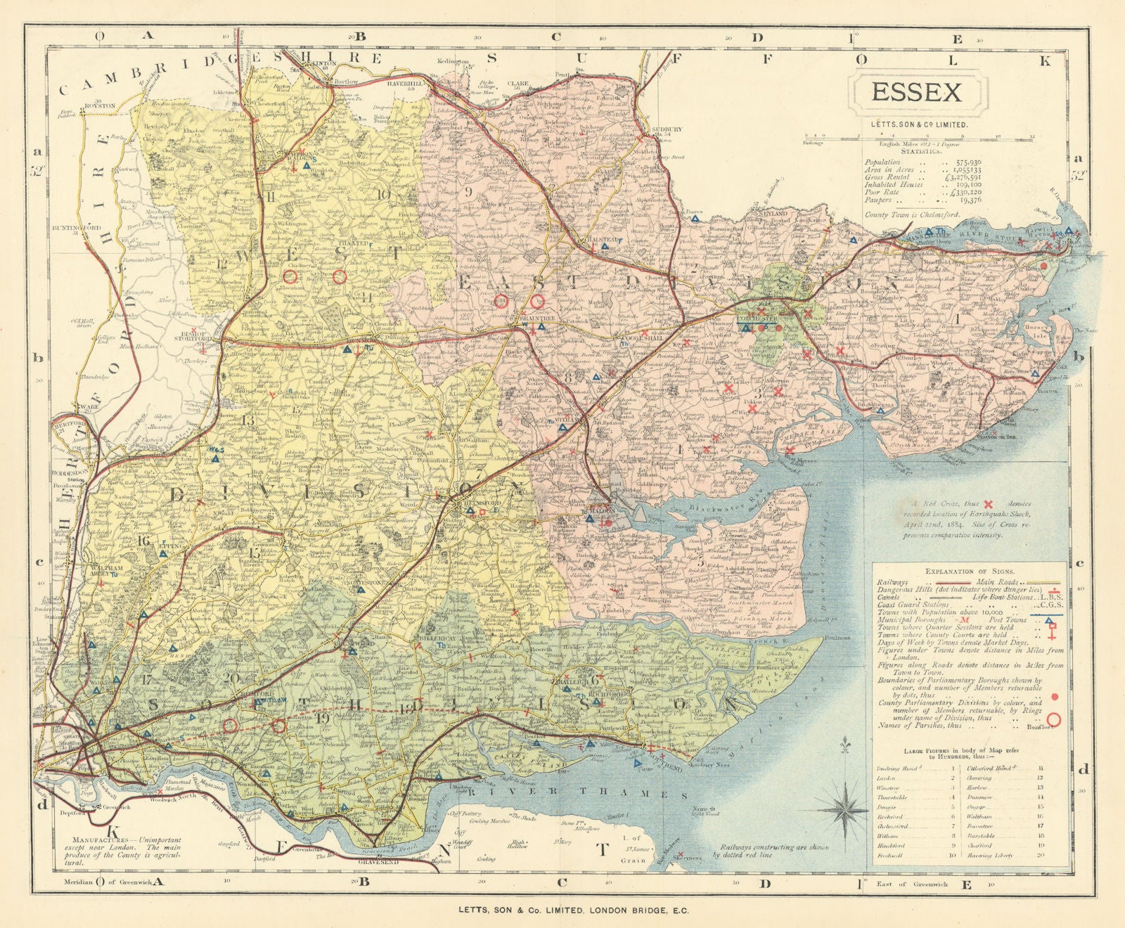 Essex county map showing Post Towns & Market Days. LETTS 1884 old antique